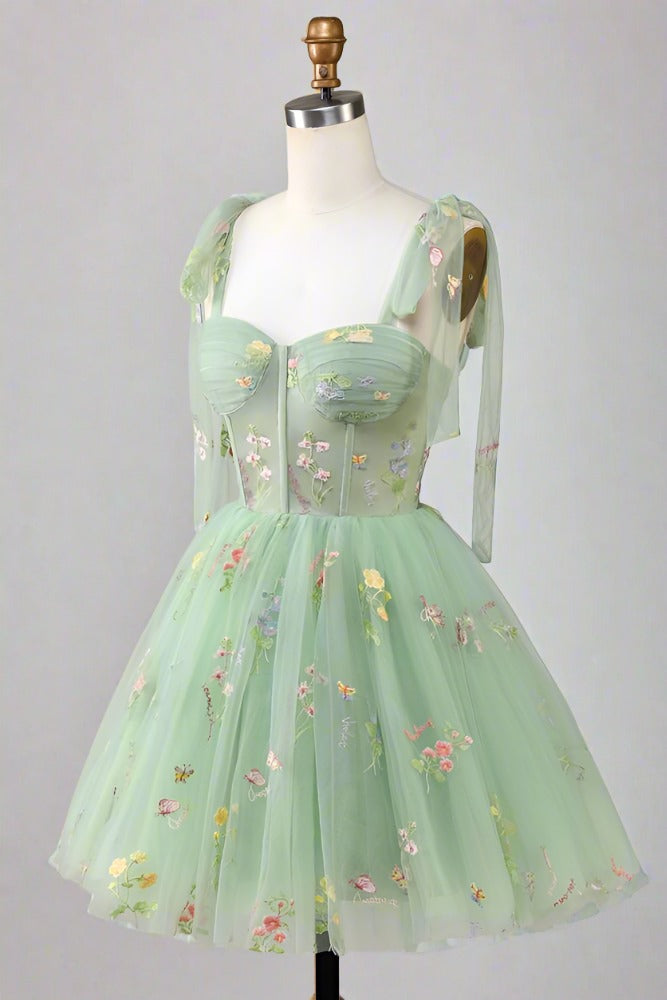 Tie Straps Blue Floral Embroidery Short Party Dress Green