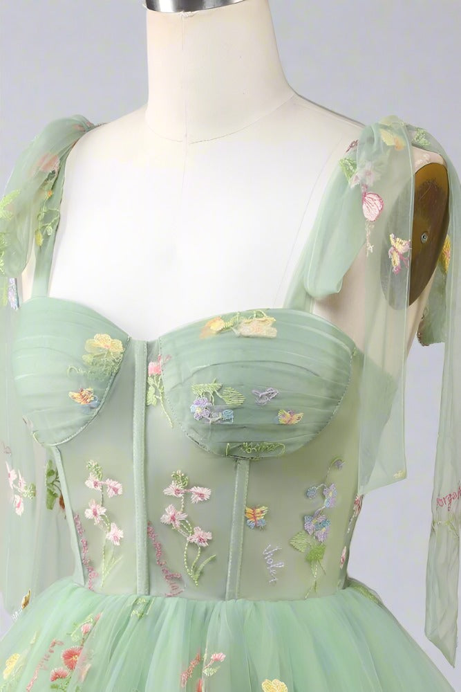 Tie Straps Blue Floral Embroidery Short Party Dress Green