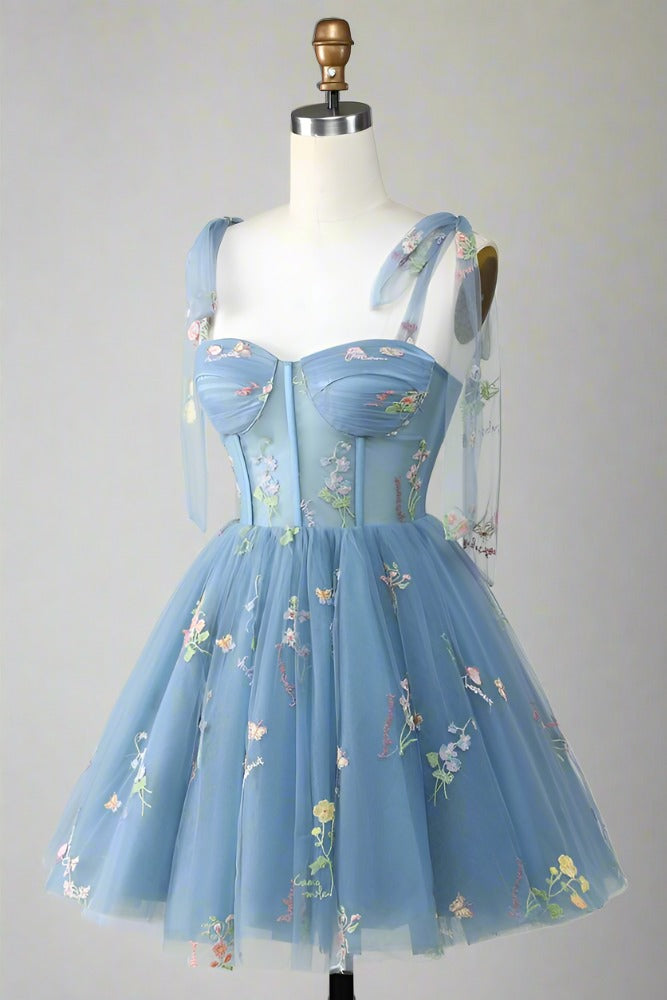 Tie Straps Blue Floral Embroidery Short Party Dress