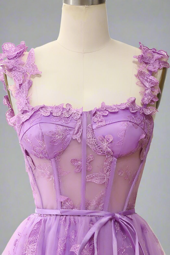 Square Neck Lilac Butterfly Appliques Short Homecoming Dress
