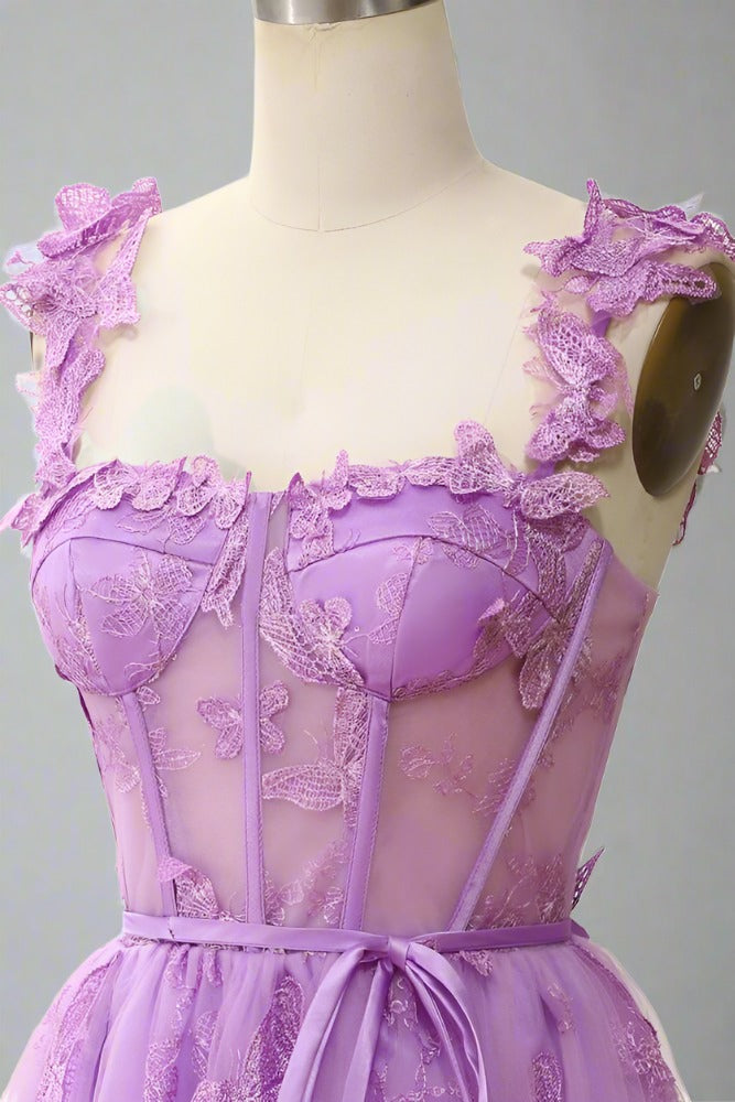 Square Neck Lilac Butterfly Appliques Short Homecoming Dress