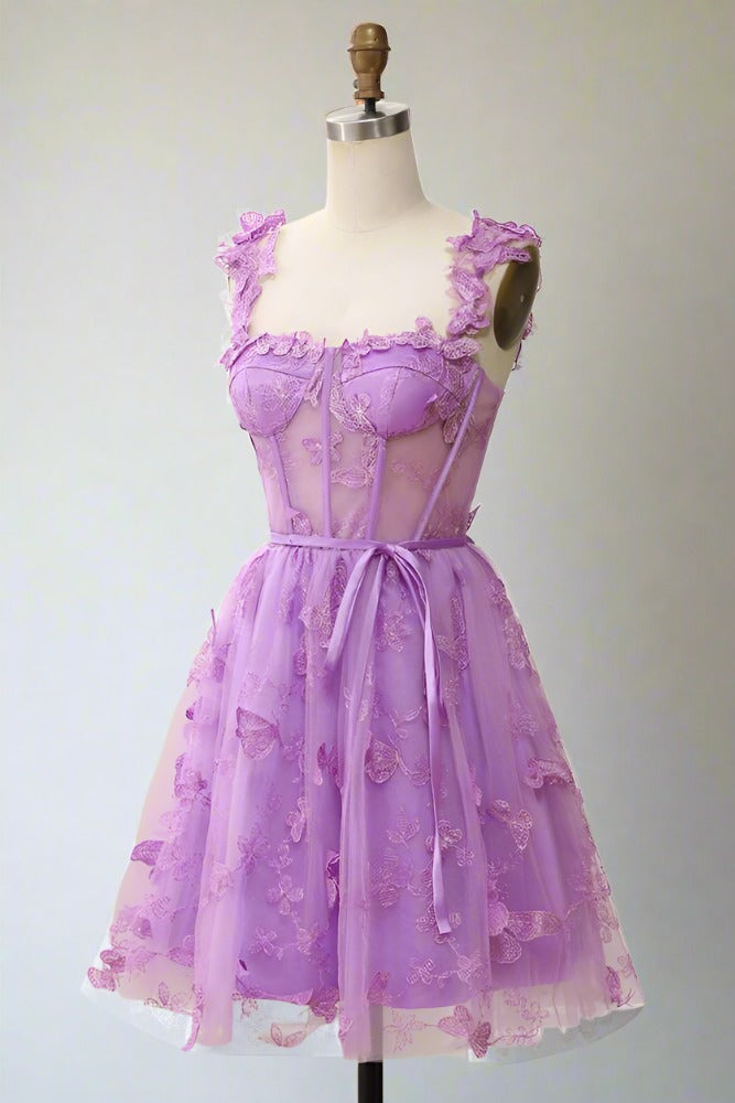 Square Neck Lilac Butterfly Appliques Short Homecoming Dress