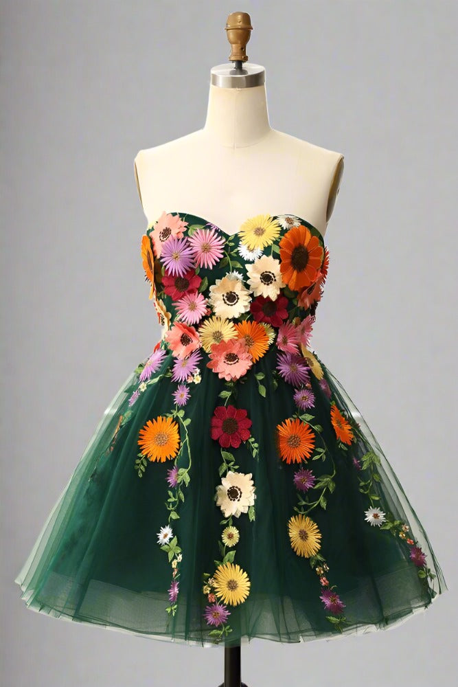Sage Green Sweetheart 3D Floral Embroidered A-line Party Dress Dark Green