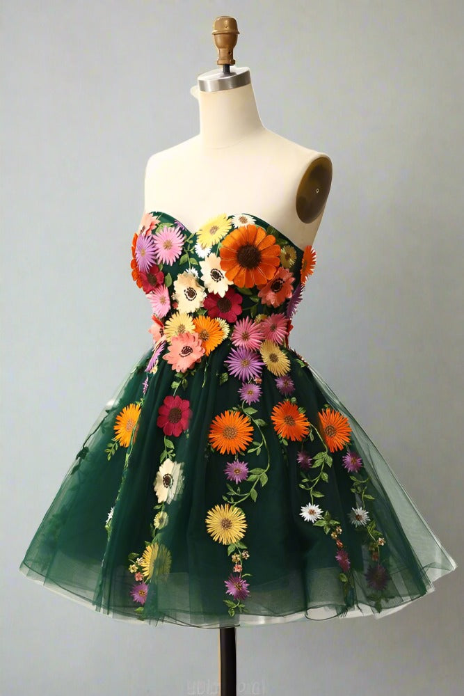 Sage Green Sweetheart 3D Floral Embroidered A-line Party Dress Dark Green