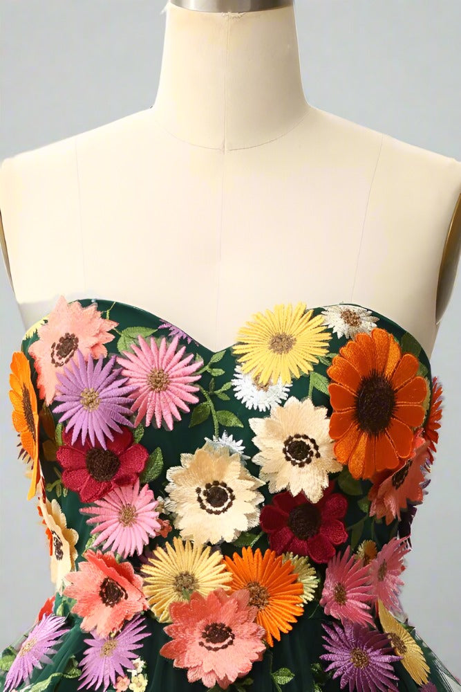 Sage Green Sweetheart 3D Floral Embroidered A-line Party Dress Dark Green