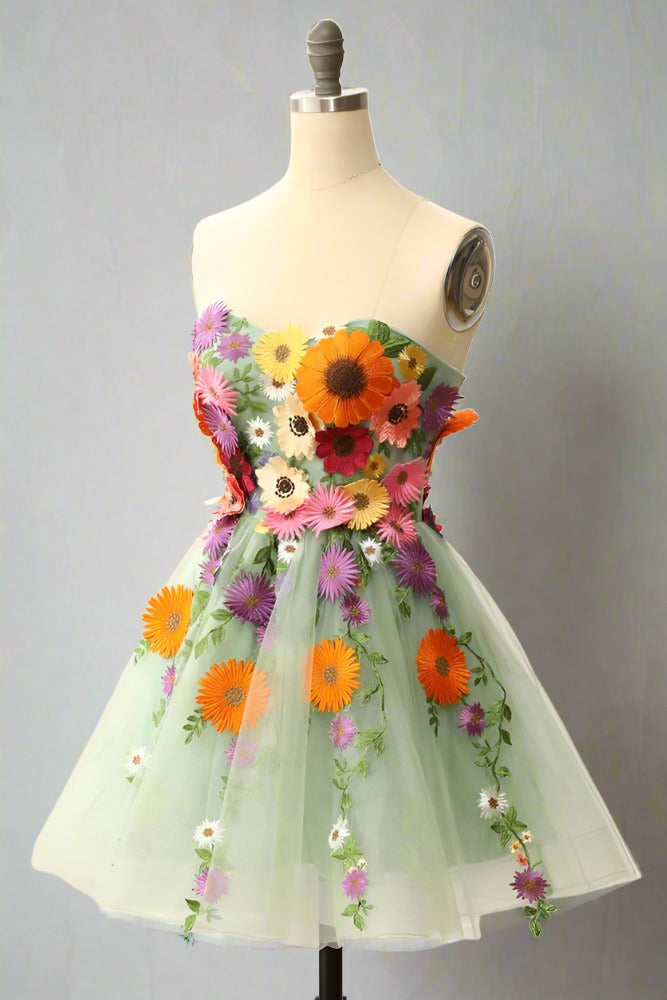 Sage Green Sweetheart 3D Floral Embroidered A-line Party Dress