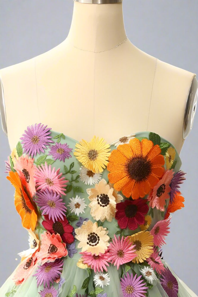 Sage Green Sweetheart 3D Floral Embroidered A-line Party Dress
