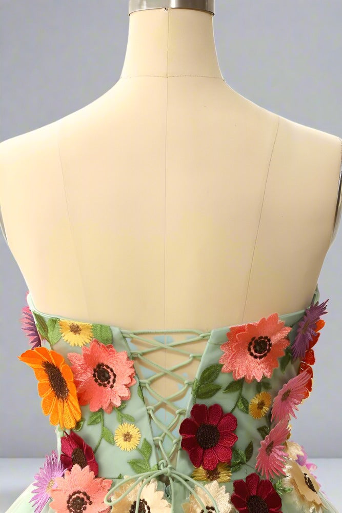 Sage Green Sweetheart 3D Floral Embroidered A-line Party Dress