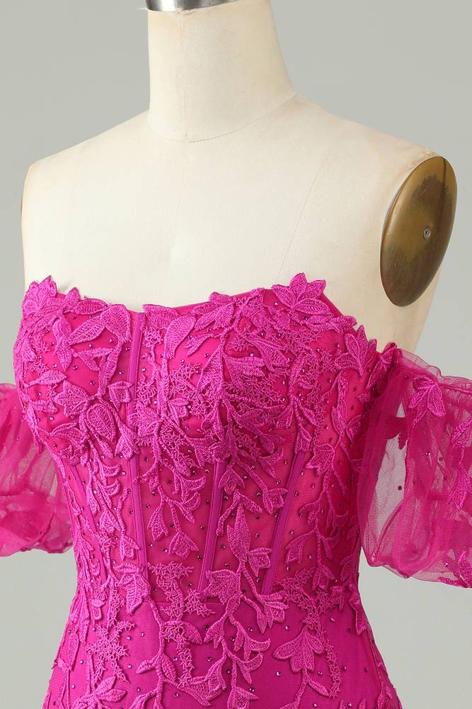Off-Shoulder Fuchsia Appliques Bodycon Homecoming Dress
