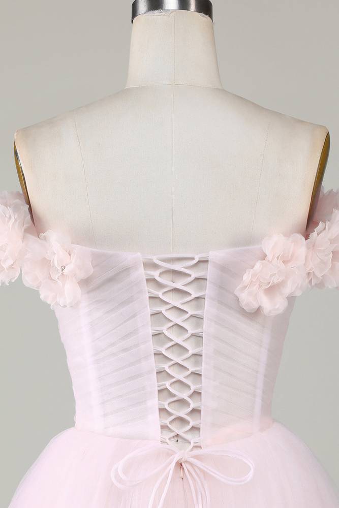 Off the Shoulder Pink 3D Floral Short Party Dress