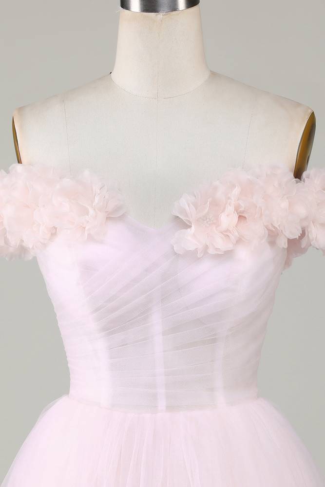 Off the Shoulder Pink 3D Floral Short Party Dress