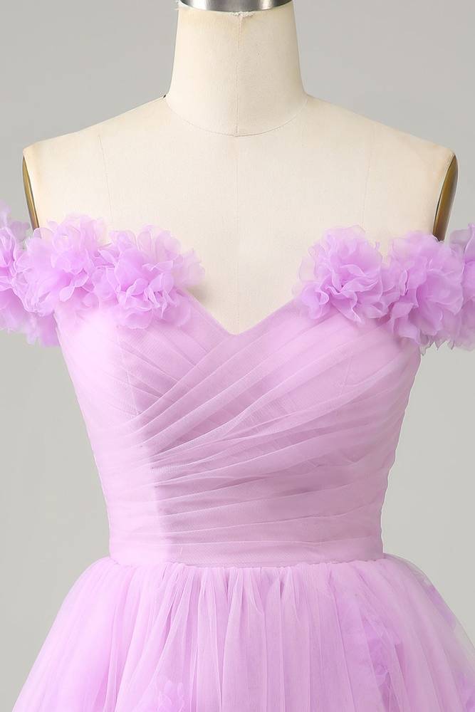 Off the Shoulder Lilac 3D Floral Short Party Dress