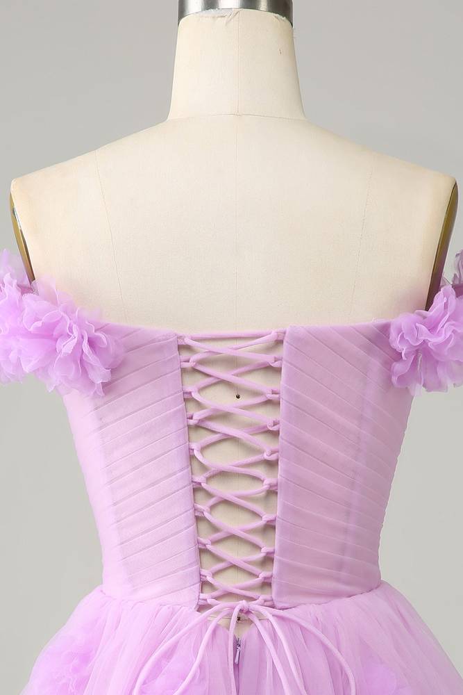 Off the Shoulder Lilac 3D Floral Short Party Dress
