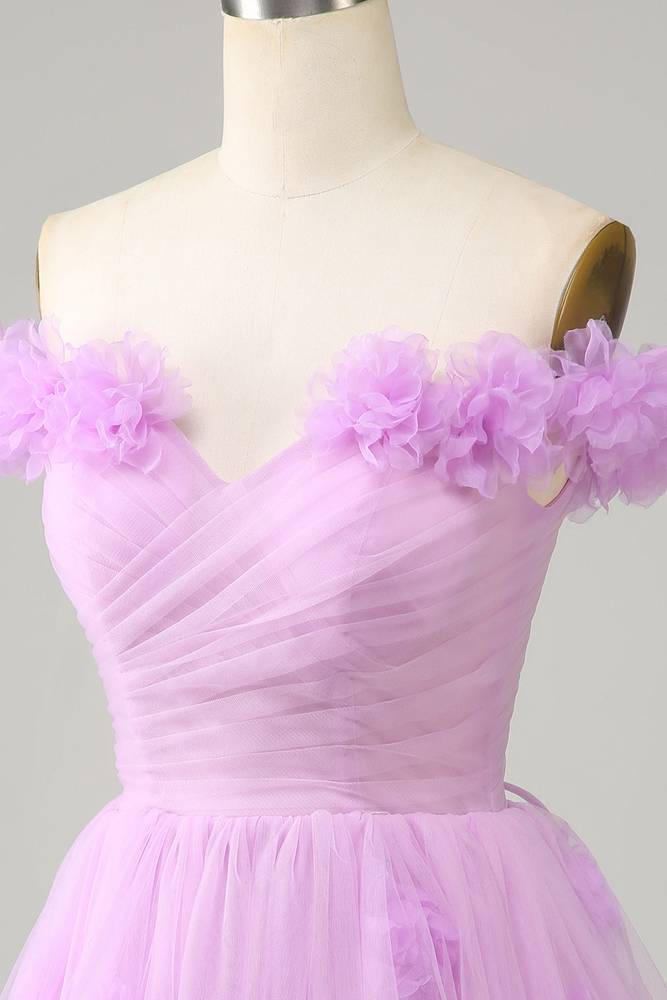 Off the Shoulder Lilac 3D Floral Short Party Dress