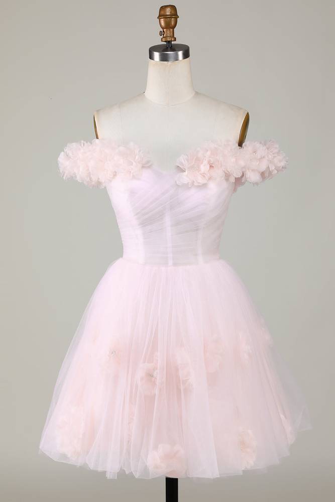 Off the Shoulder Pink 3D Floral Short Party Dress