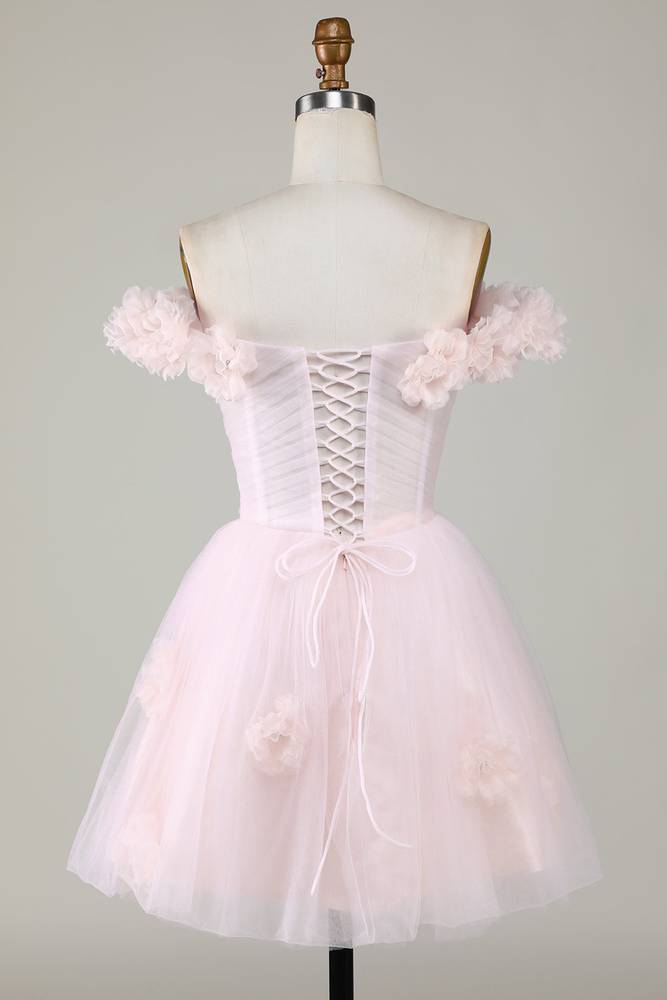 Off the Shoulder Pink 3D Floral Short Party Dress