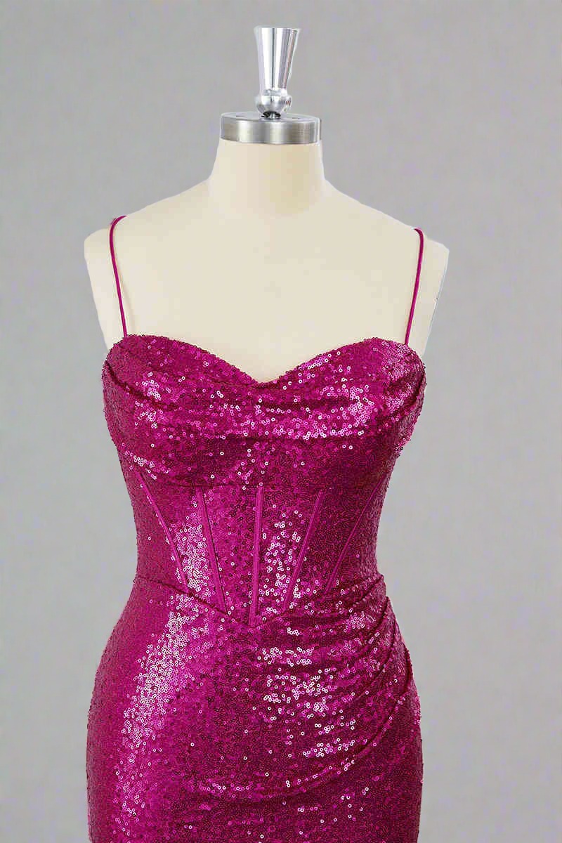 Straps Fuchsia Sequin Bodycon Homecoming Dress