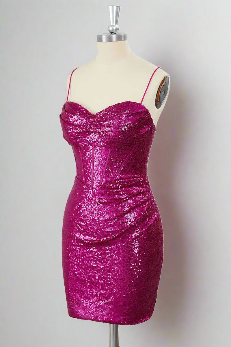 Straps Fuchsia Sequin Bodycon Homecoming Dress