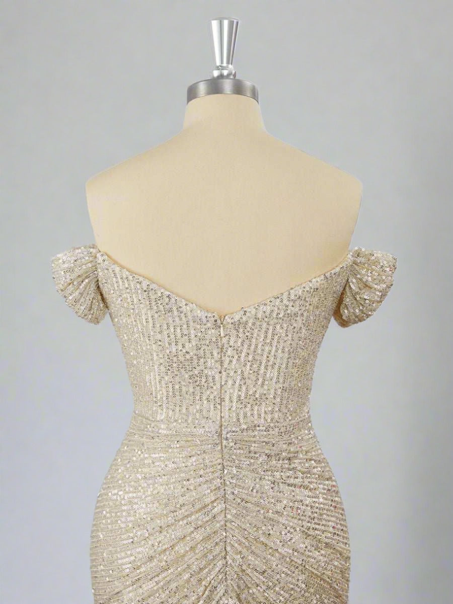Off the Shoulder Sliver Sequin Ruched Mini Homecoming Dress