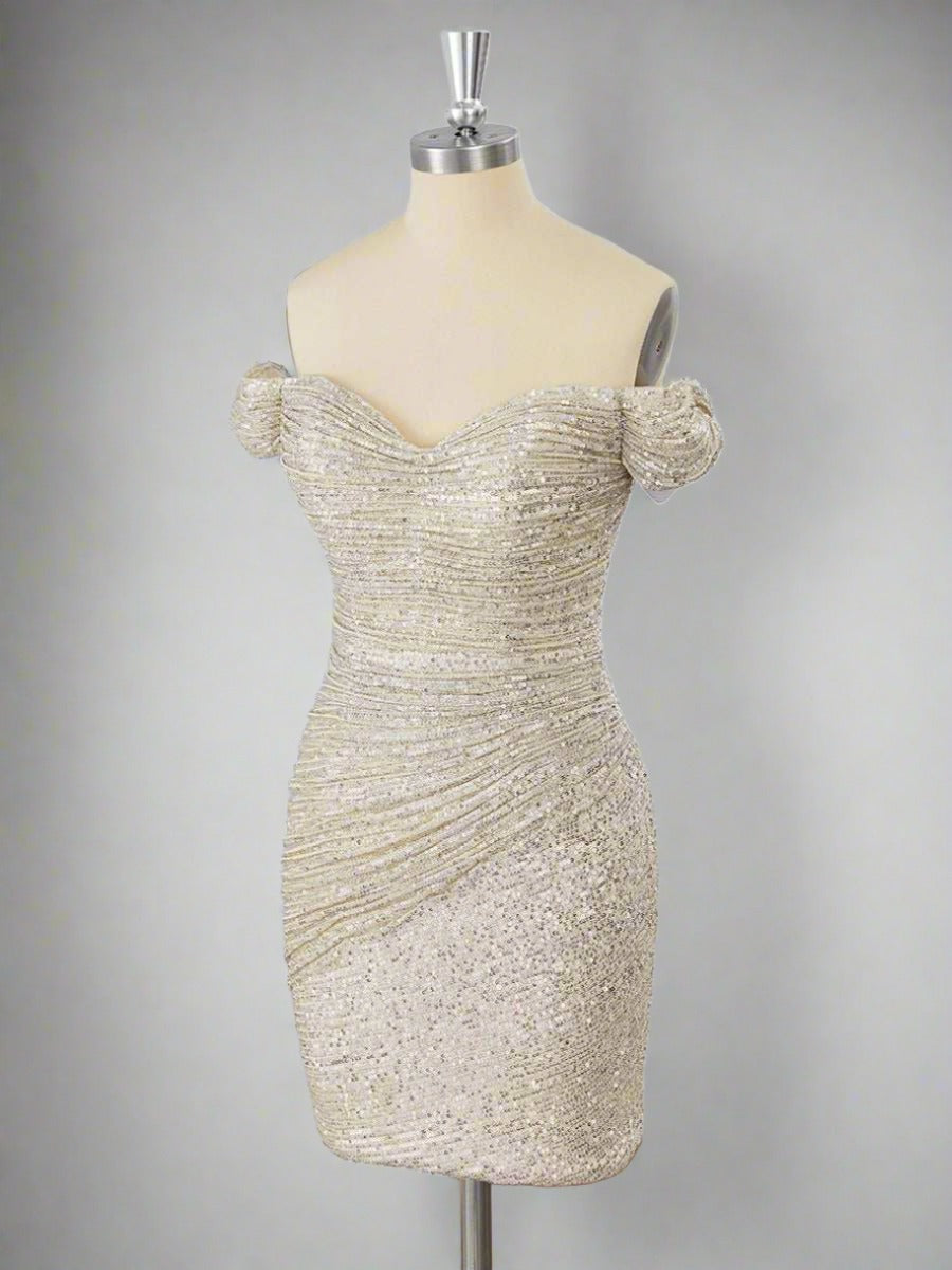 Off the Shoulder Sliver Sequin Ruched Mini Homecoming Dress