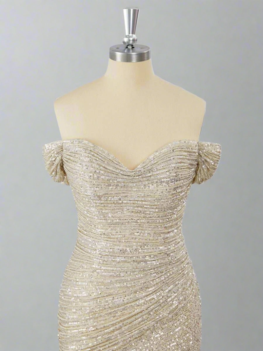 Off the Shoulder Sliver Sequin Ruched Mini Homecoming Dress