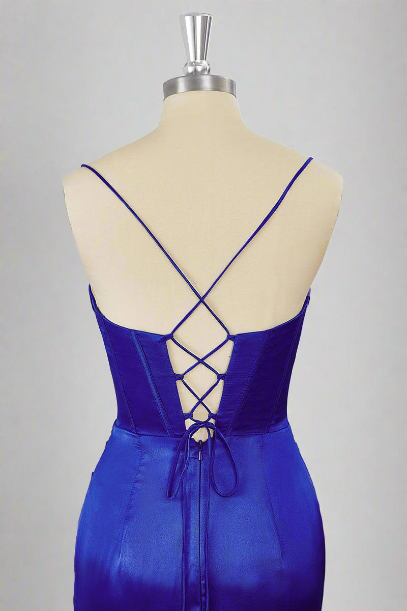 Straps Royal Blue Pleated Bodycon Homecoming Dress