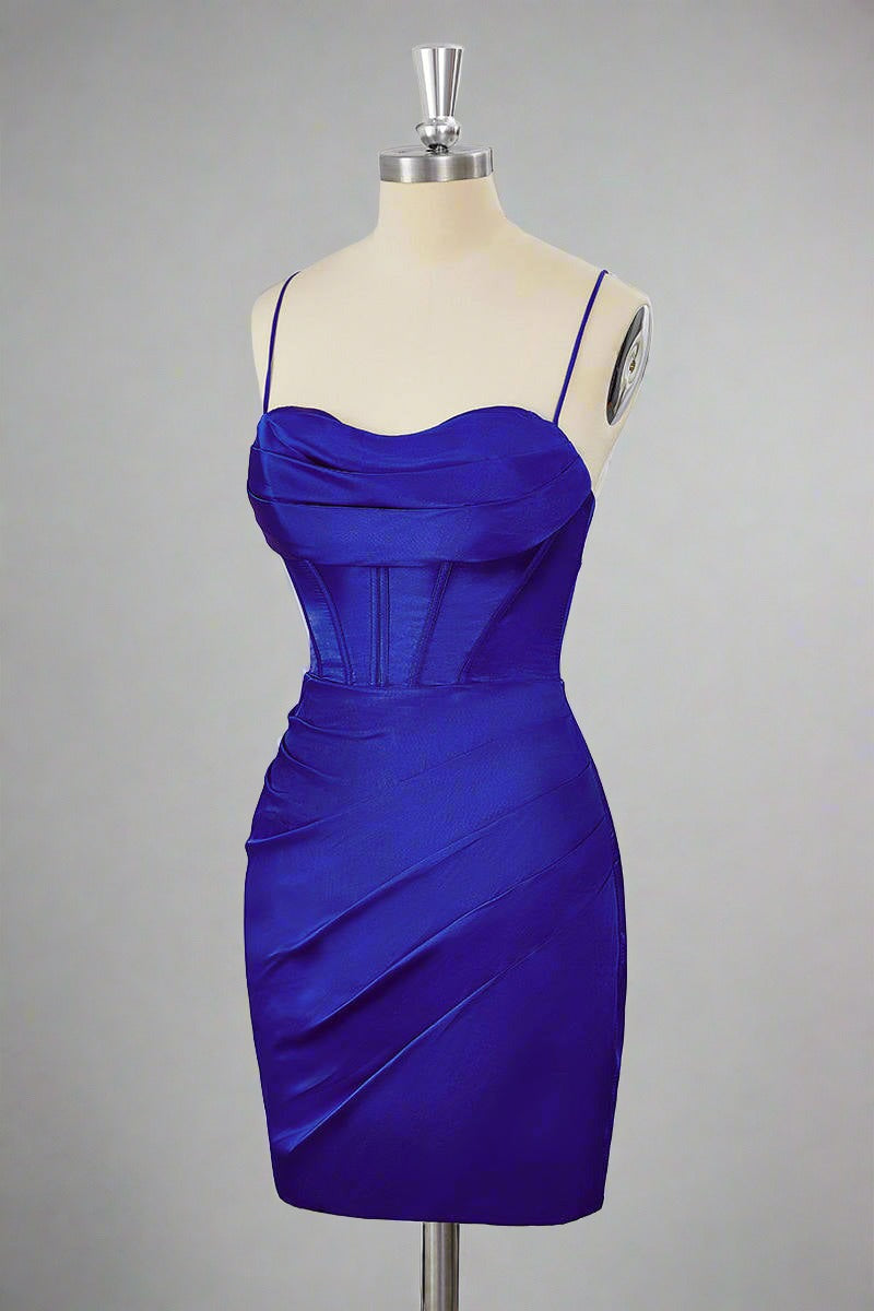 Straps Royal Blue Pleated Bodycon Homecoming Dress