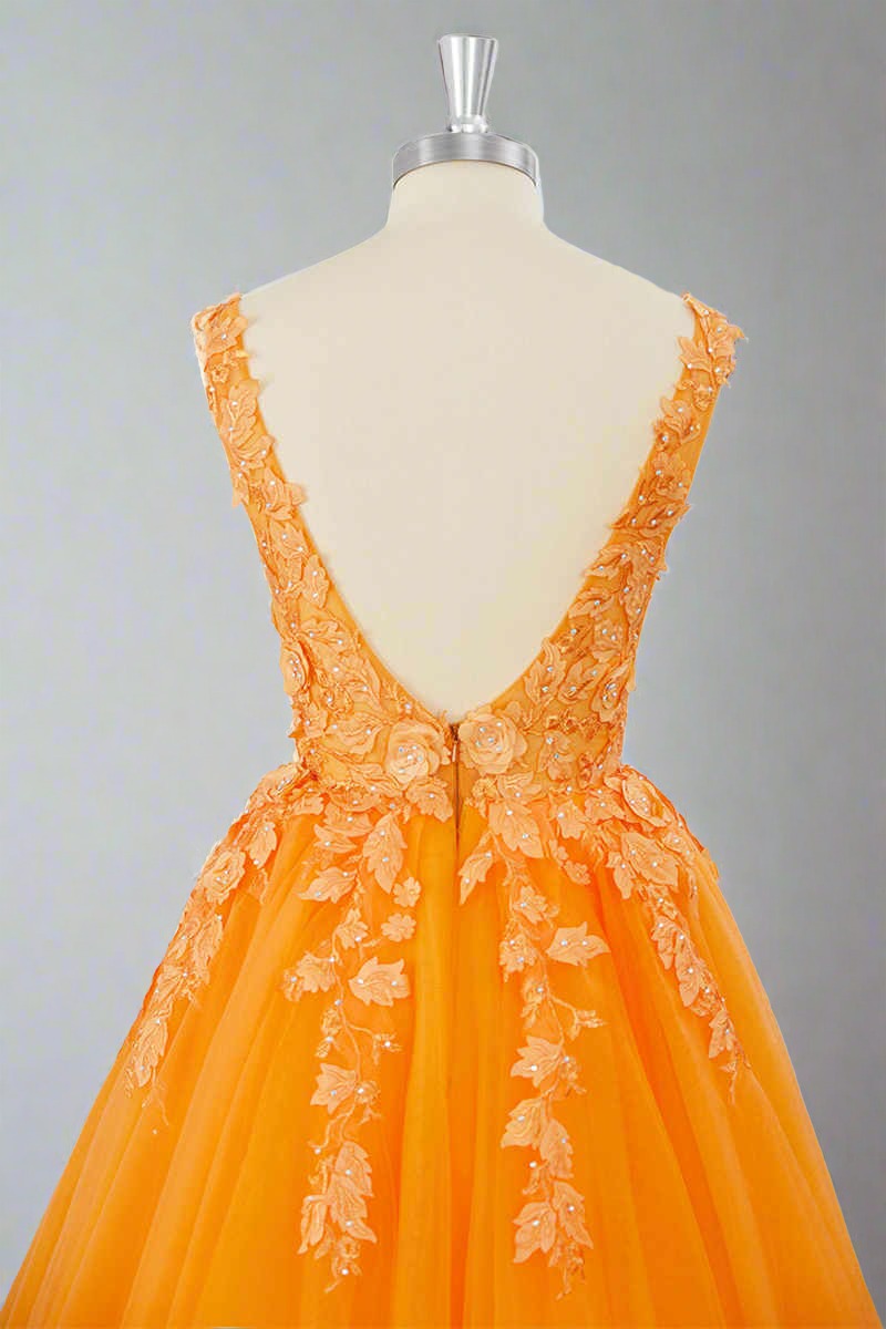 V-Neck Orange 3D Floral A-Line Short Homecoming Dress