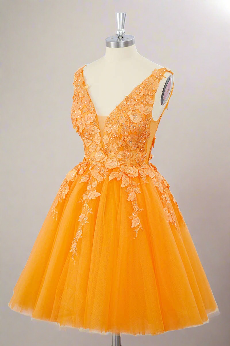 V-Neck Orange 3D Floral A-Line Short Homecoming Dress