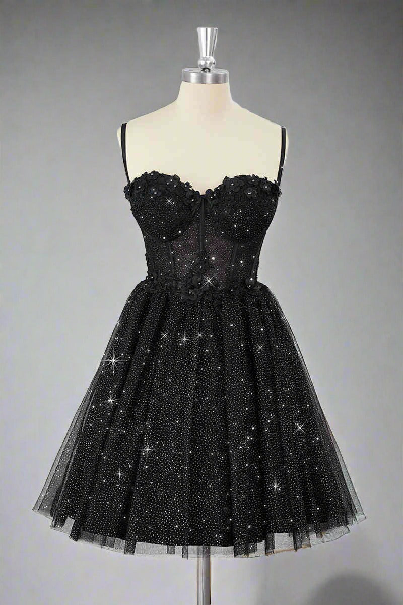 Straps Black Corset A-Line Tulle Homecoming Dress
