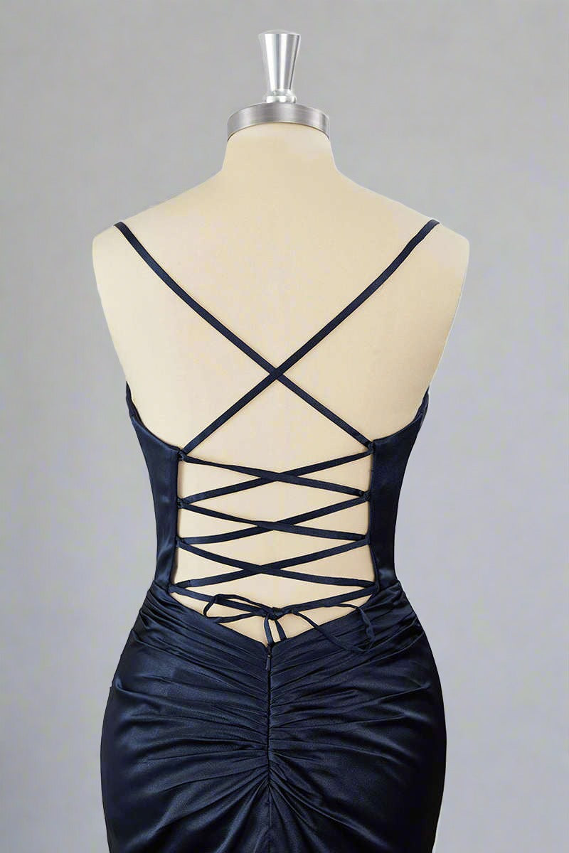 Lace-Up Sweetheart Navy Blue Ruched Homecoming Dress