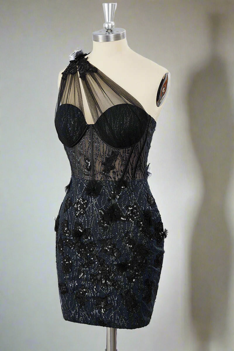 One Shoulder Black Corset Appliques Mini Dress