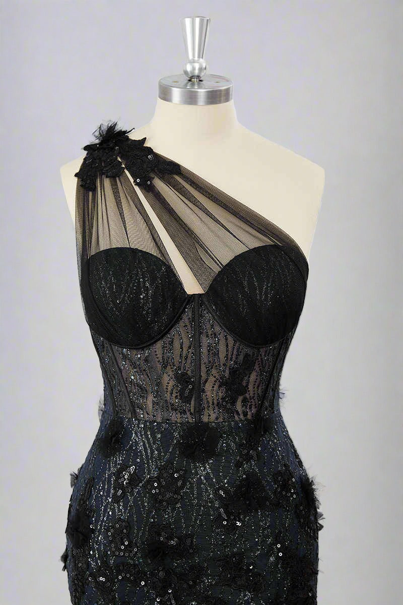 One Shoulder Black Corset Appliques Mini Dress
