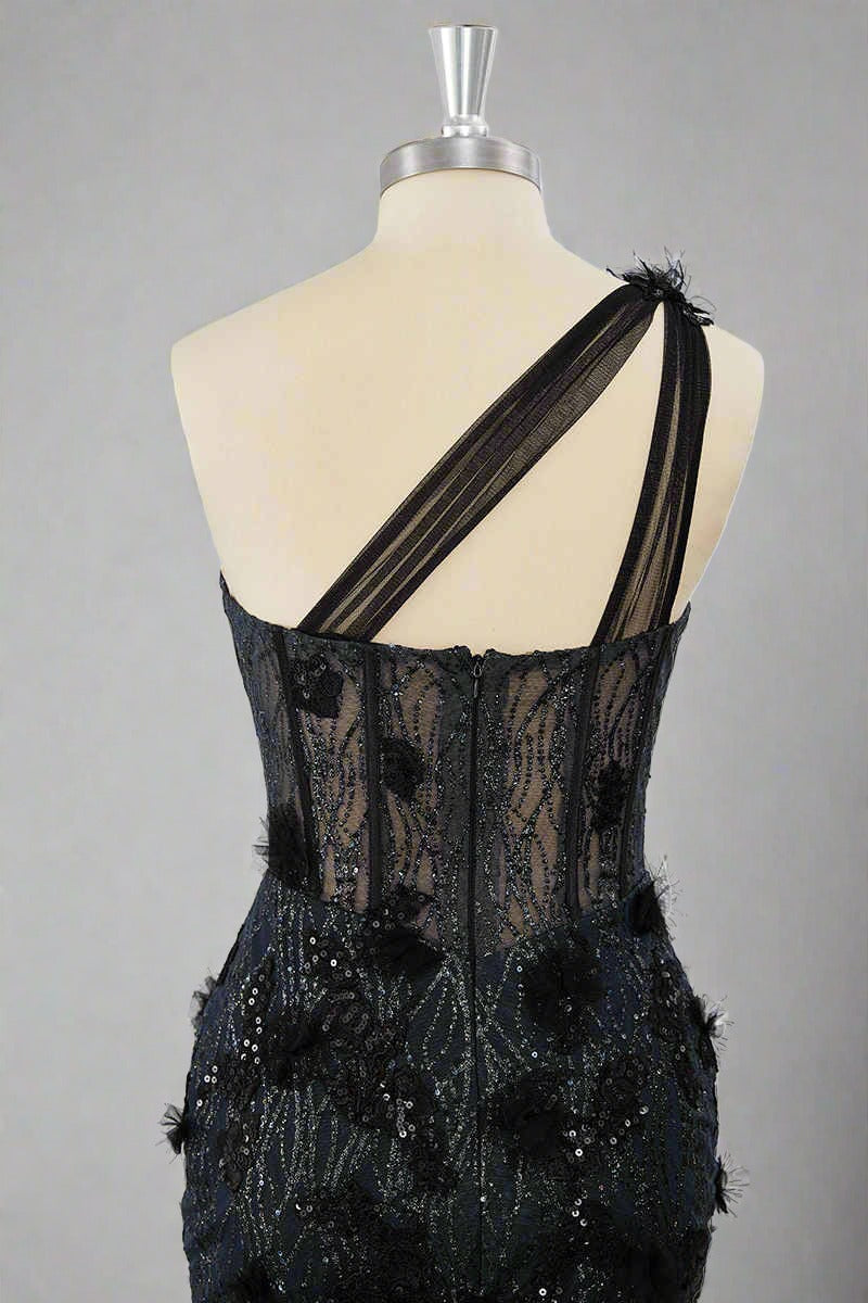One Shoulder Black Corset Appliques Mini Dress