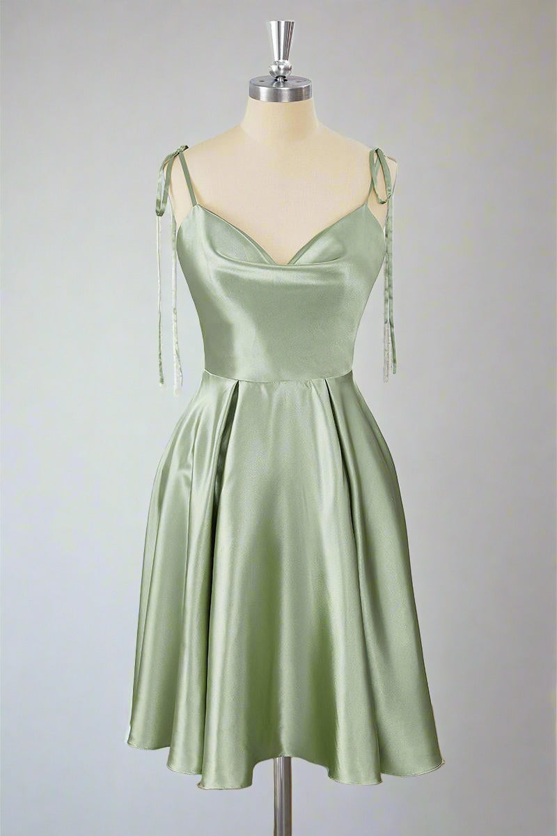 Tie Shoulder Sage Green Cowl Neck A-Line Short Party Dress-Fancyvestido