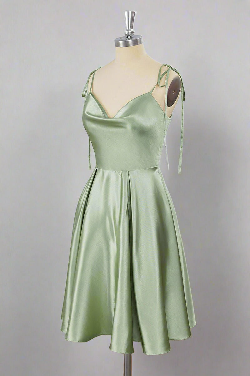Tie Shoulder Sage Green Cowl Neck A-Line Short Party Dress