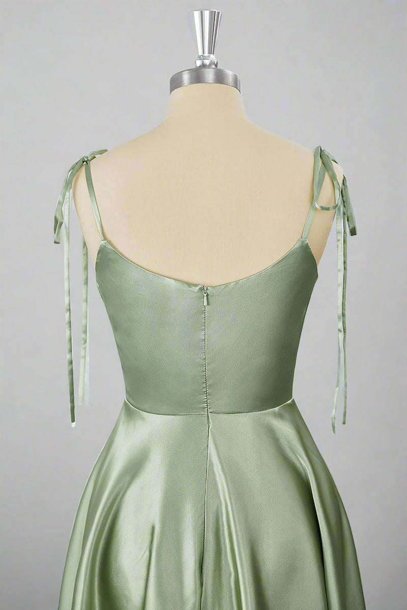 Tie Shoulder Sage Green Cowl Neck A-Line Short Party Dress