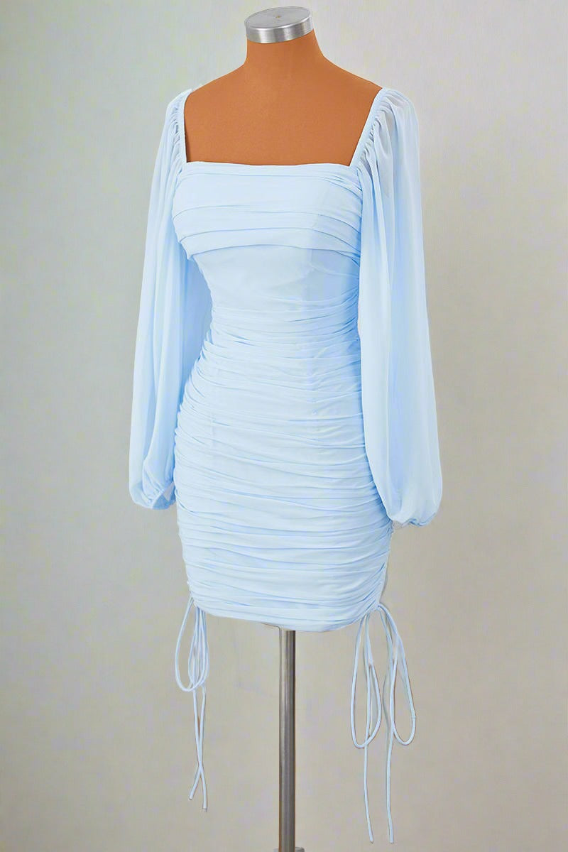 Square Neck Light Blue Long Sleeves Pleated Mini Dress