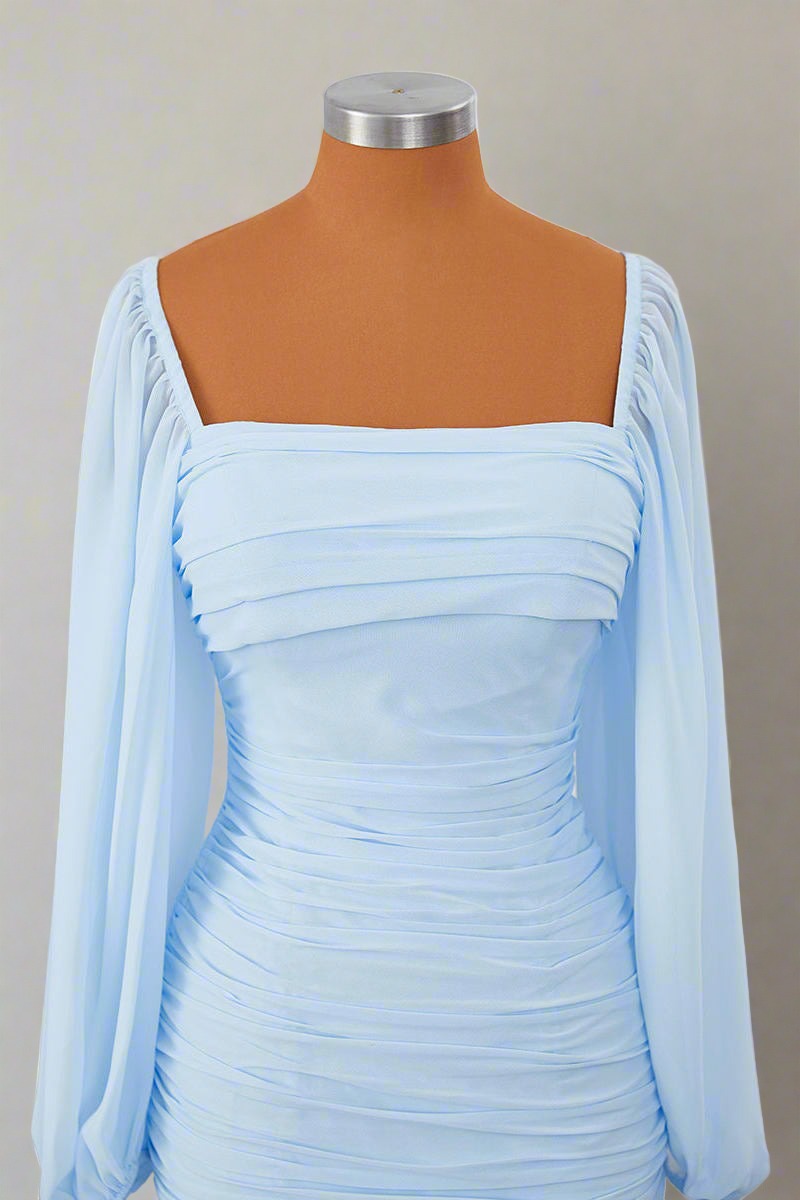 Square Neck Light Blue Long Sleeves Pleated Mini Dress