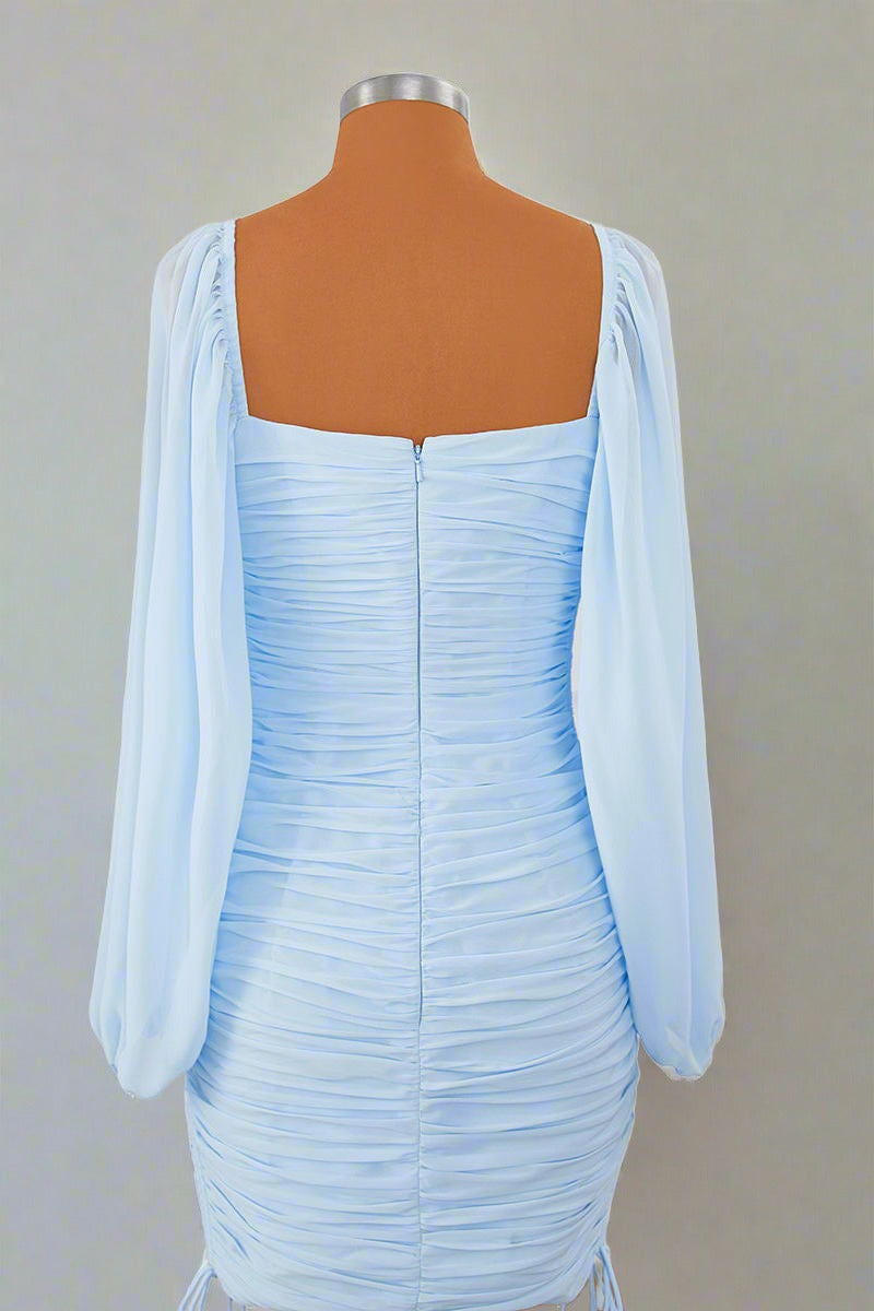 Square Neck Light Blue Long Sleeves Pleated Mini Dress