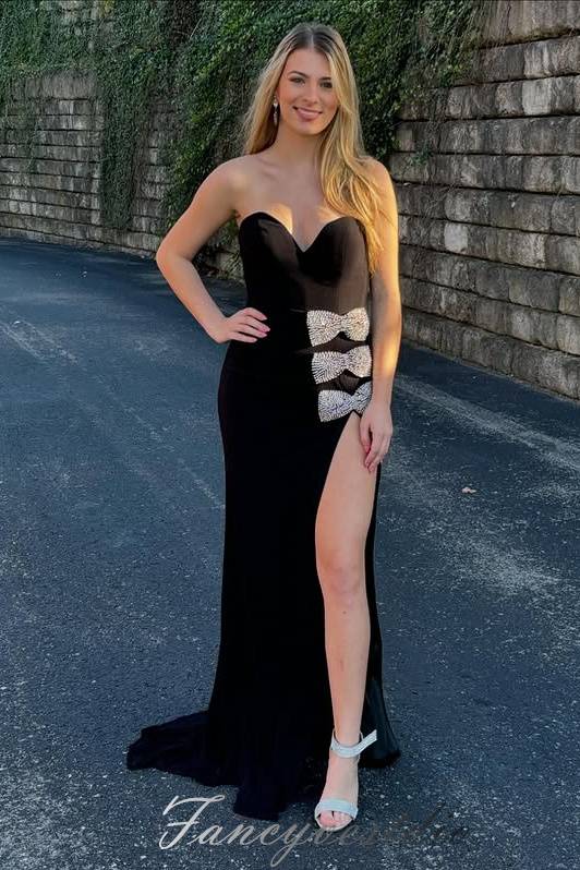 Strapless Black Satin slit Long Prom Dress with Beaded Bow