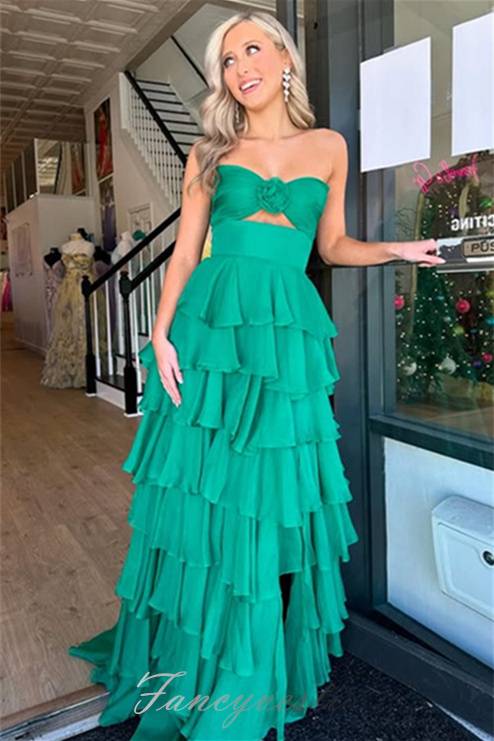 Strapless Chiffon Ruffle A-Line Slit Prom Dress with Floral