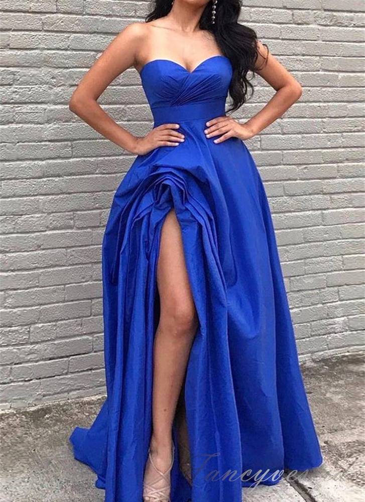 Sweetheart Blue Satin A-Line Prom Dress with Pleated Slit