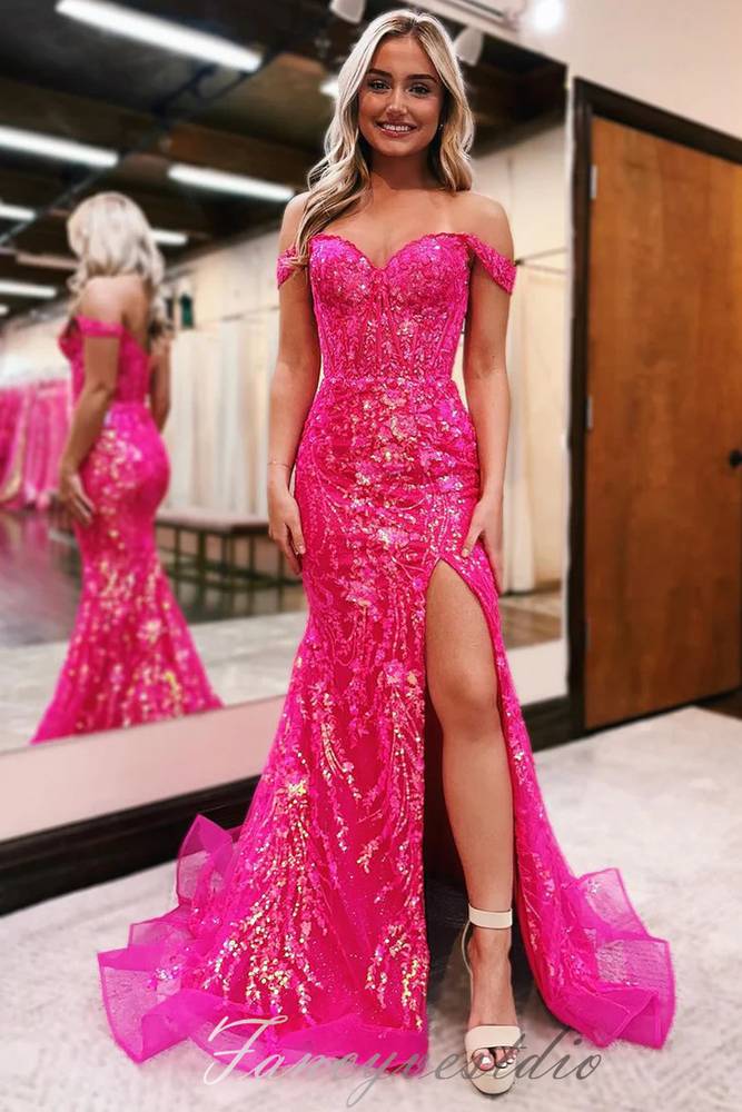 Fuchsia Sequin Applique Mermaid Slit Prom Dress with Off Shoulder –  FancyVestido