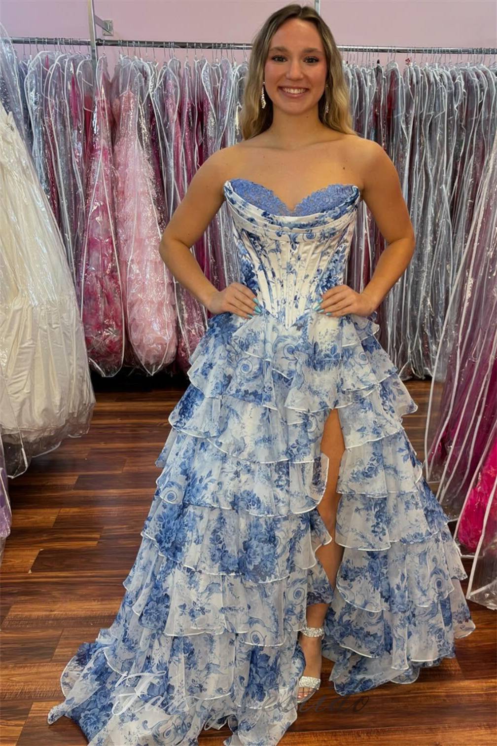 Sweetheart Blue Floral Print Ruffle Prom Dress with Slit