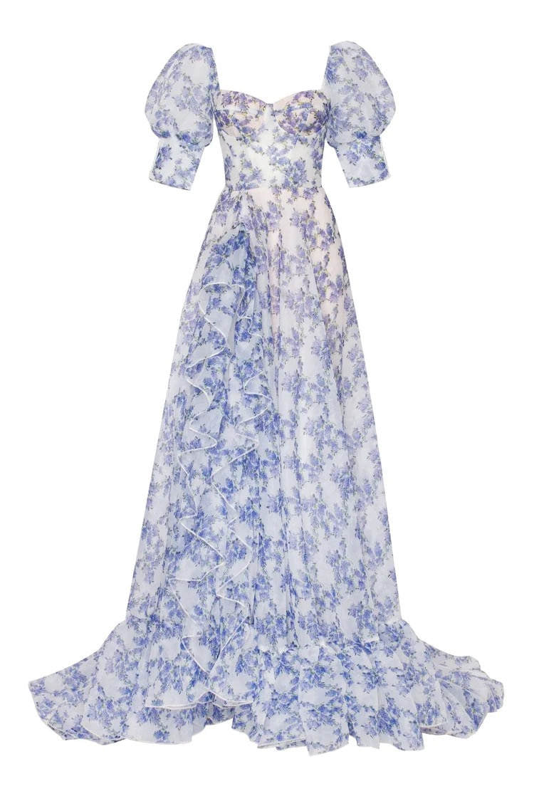 Off the Shoulder Blue Balloon Sleeves Floral Maxi Dress