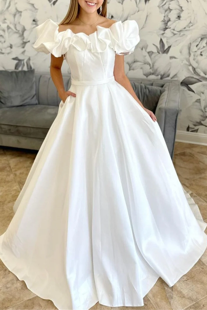 Puff Off the Shoulder A-line Wedding Dress – FancyVestido