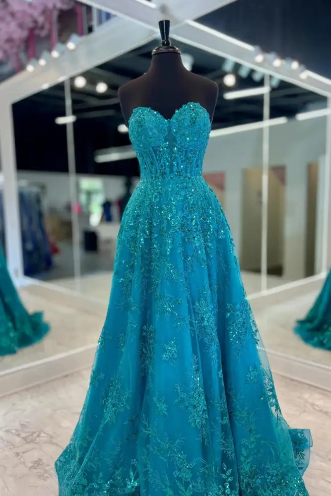 Strapless Blue Applique A-Line Prom Dress