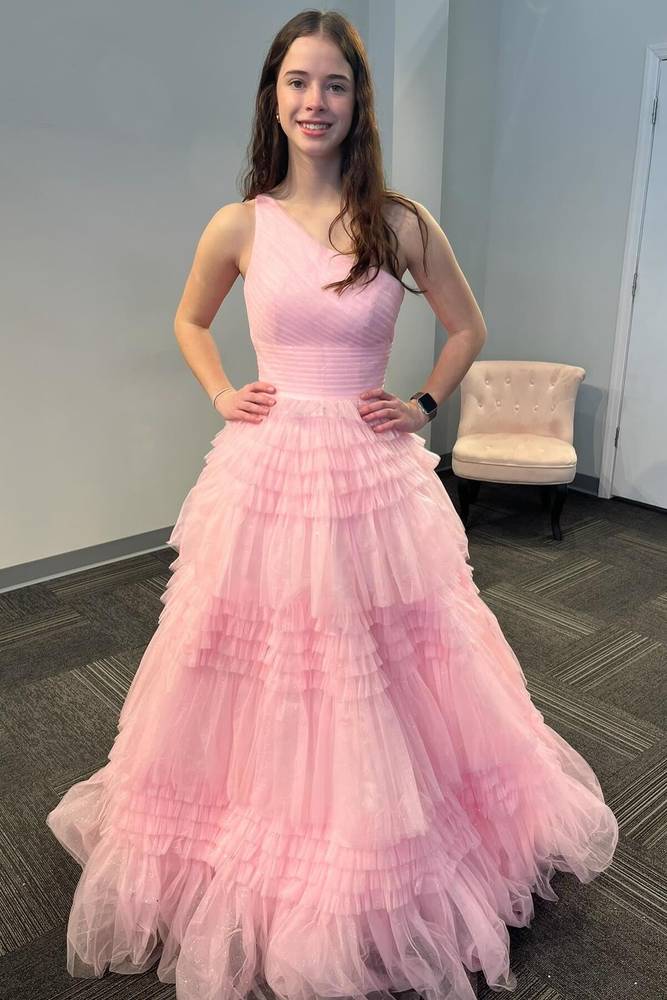 One Shoulder Pleated Layerer Prom Dress