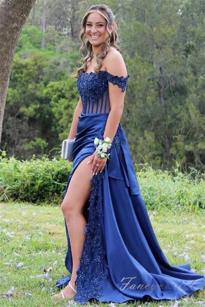 Green Applique Pleated Slit Mermaid Prom Dress with Off Shoulder